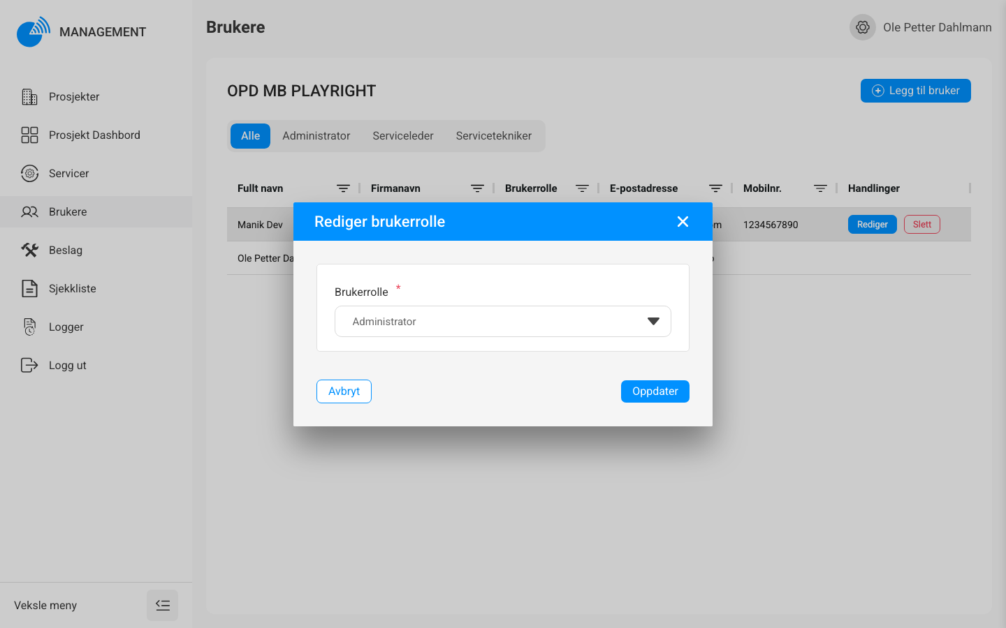 Rediger brukerrolle