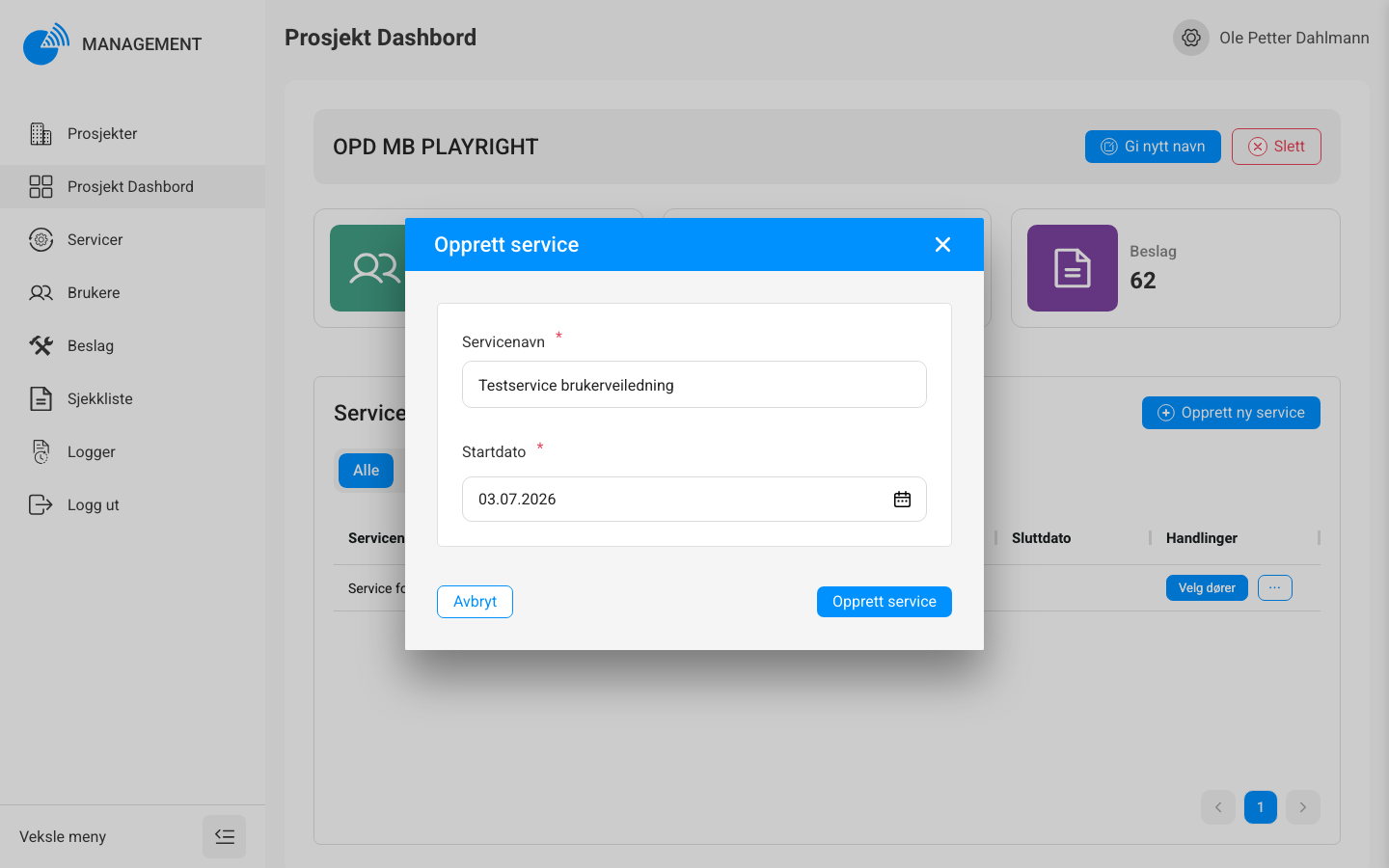 Utfylt Opprett service-skjema