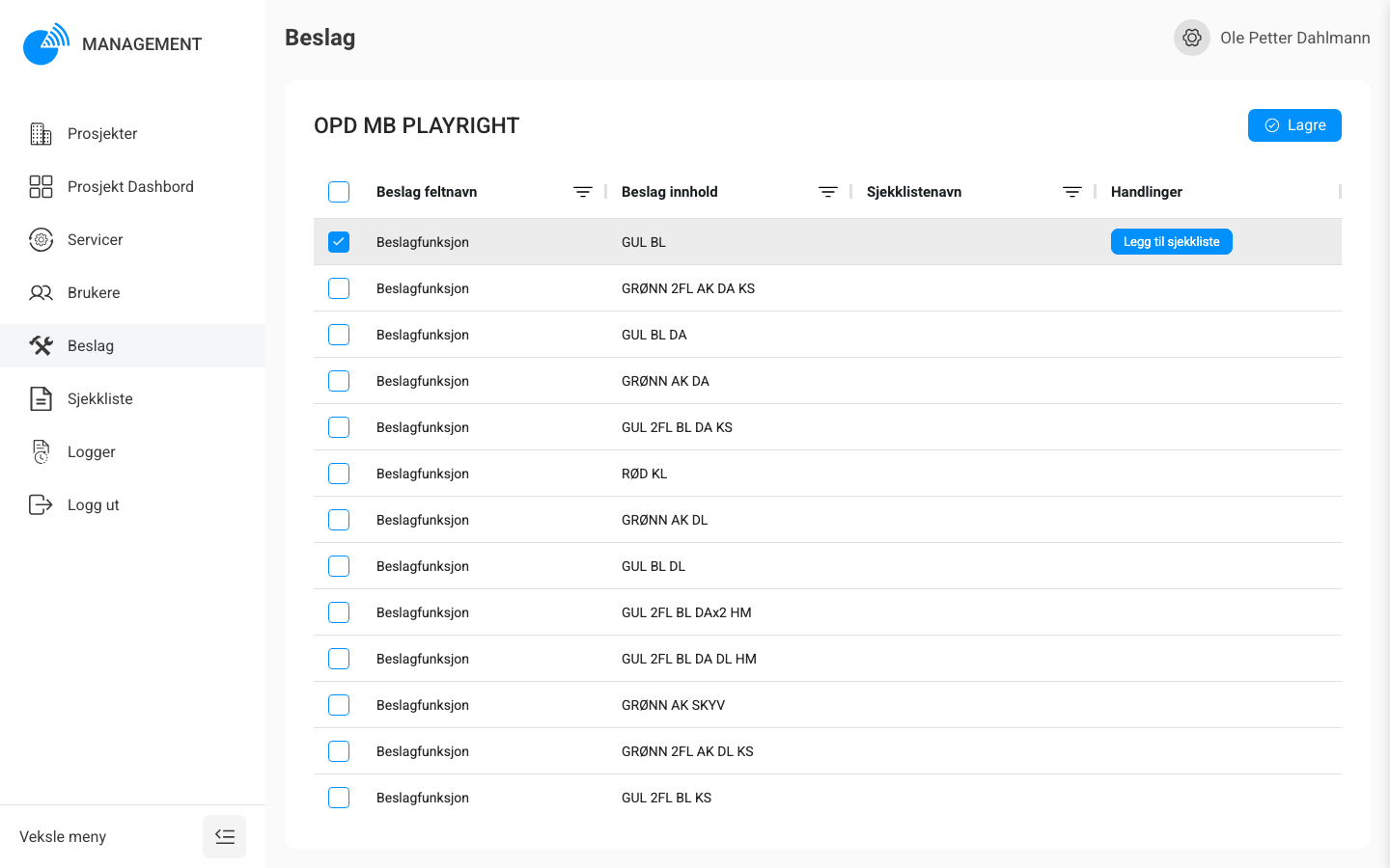 Beslagrad valgt – Legg til sjekkliste vises