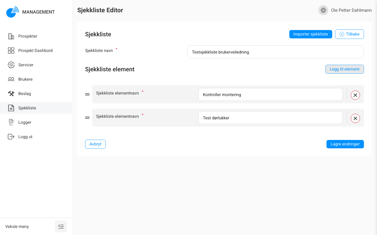 Sjekkliste Editor med to elementer