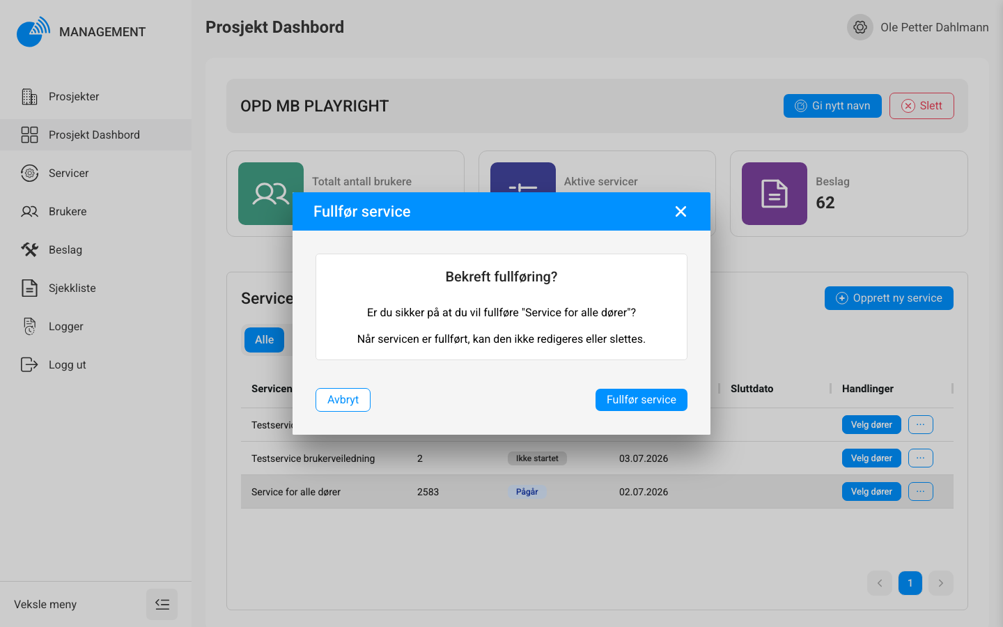 Bekreftelsesdialog for fullføring av service